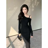 JIJINQI显瘦长袖设计感连衣裙秋季新款斜领性感连衣裙JC08LZPT326