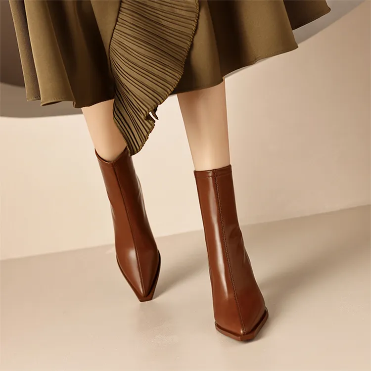 8cm粗跟短靴尖头显瘦真皮马丁靴秋冬季新款高跟气质女靴子加绒