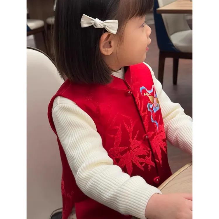 现货壹妈女童拜年服唐装秋冬儿童新中式红色夹棉马甲外套宝宝汉服