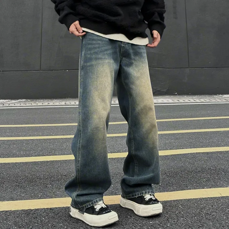 美式cleanfit裤子黄泥做旧水洗潮流牛仔裤男士半松紧牛仔裤男款