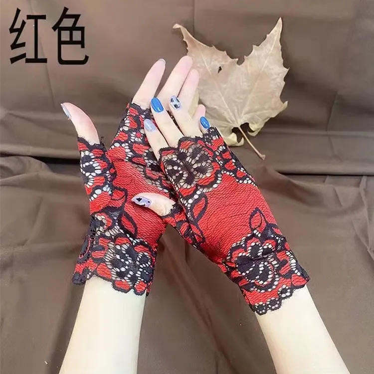 手套女薄款蕾丝半指弹力春夏季开车骑行遮阳防嗮网纱遮手背疤痕