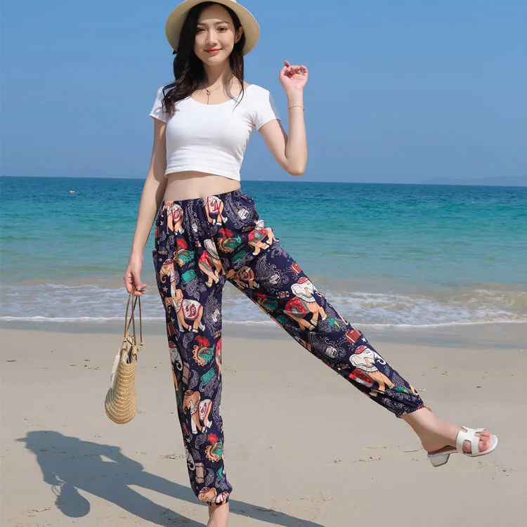 大码棉绸睡裤女夏人造棉夏季绵绸灯笼裤可外穿防蚊裤度假沙滩长裤