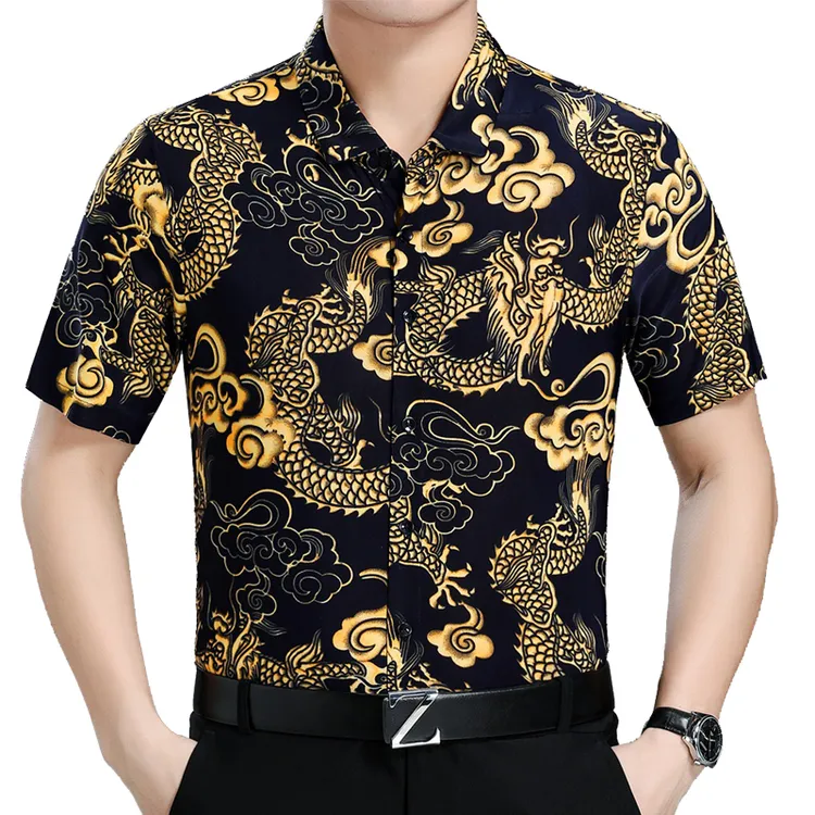 简约名品 中国风龙纹图案冰丝短袖衬衫 夏季中年宽松半袖衬衣提花