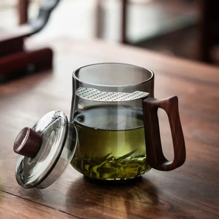 漫佳 新璃享绿茶杯透黑色 银离子磁吸过滤片 实木把手舒适防烫
