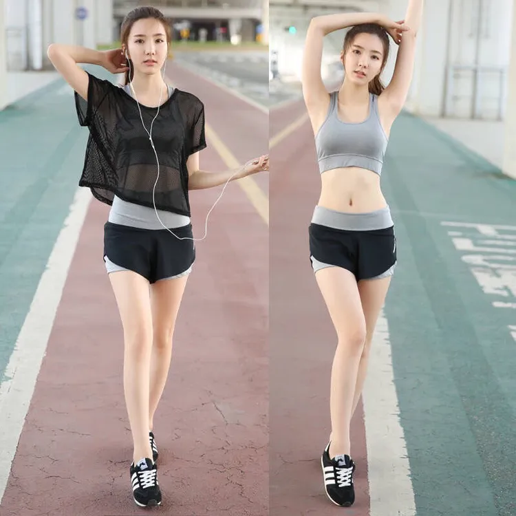 新款网纱瑜伽服三件套运动2024女夏性感跑步运动速干衣初学健身服