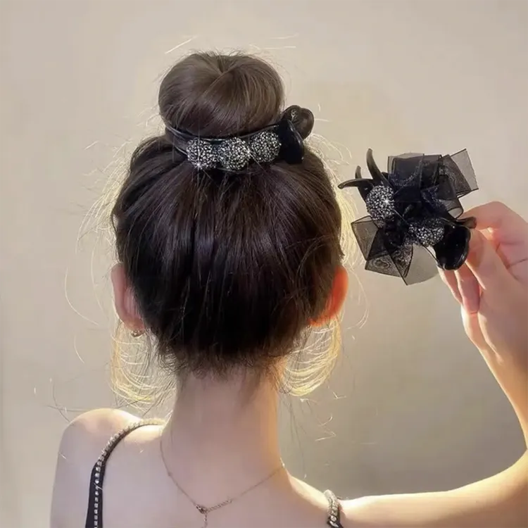 丸子头抓夹发饰发夹蝴蝶结镶满转蝴蝶结