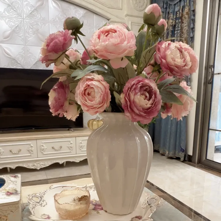 花妍3头油画牡丹仿真花假花西欧风情单只摆放摆件花艺