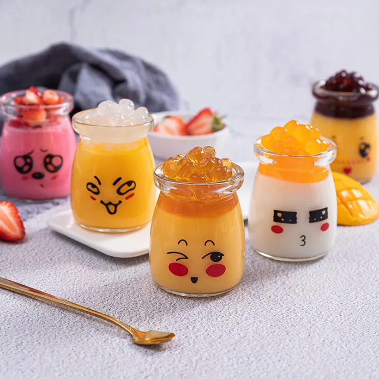 【表情款】玻璃布丁瓶酸奶瓶100ml带盖仙草双皮奶小瓶子表情随机