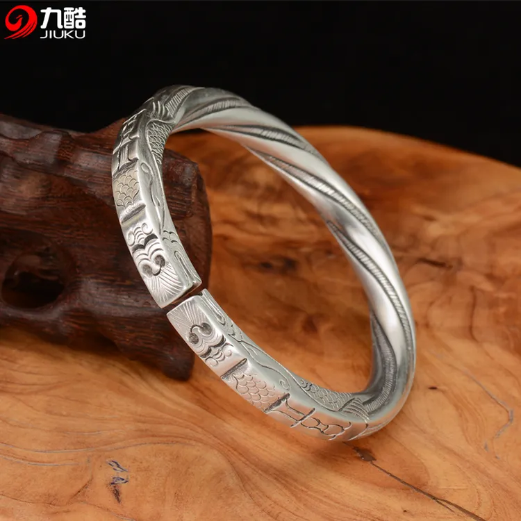 足银手镯 999足银扭丝龙手镯手工银饰定制古风古法情侣素款343