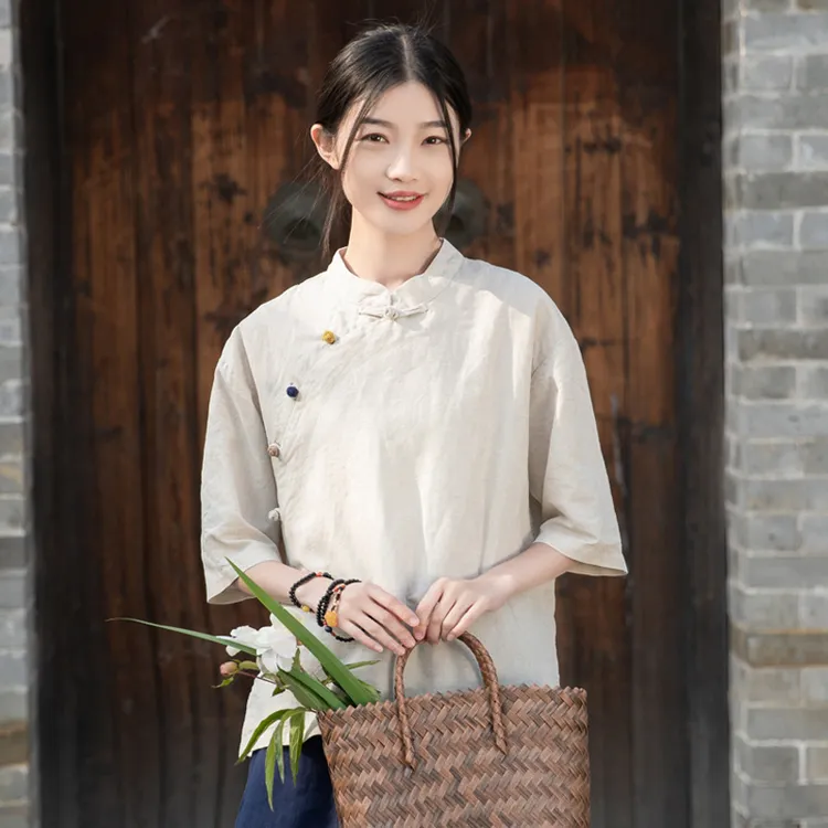 棉麻女装夏季复古立领斜襟盘扣短袖亚麻上衣禅意茶服中式国风衬衫