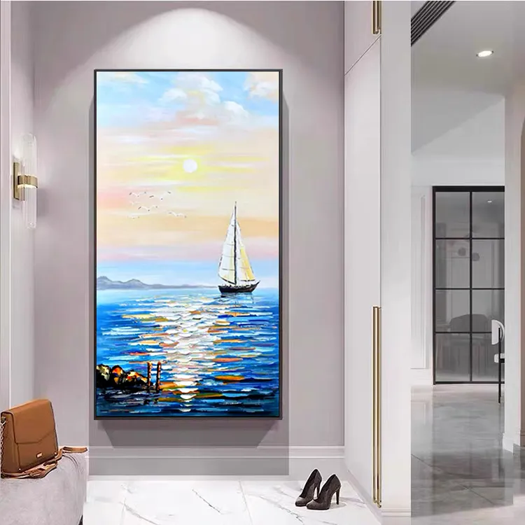 手绘油画玄关过道海景装饰画走廊挂画现代简约餐厅船景竖版壁画