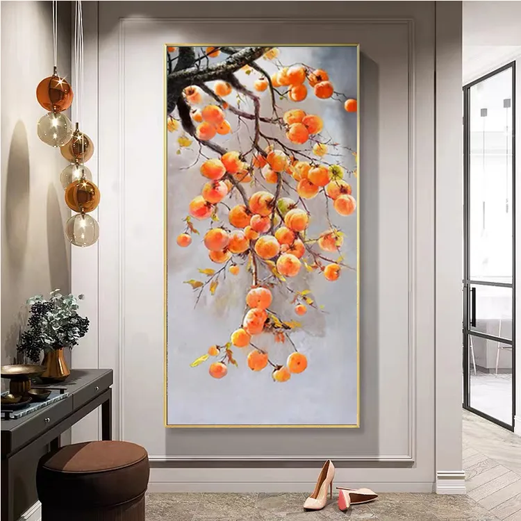 手绘油画玄关走廊装饰画新中式入户过道尽头竖版挂画柿子壁画轻奢