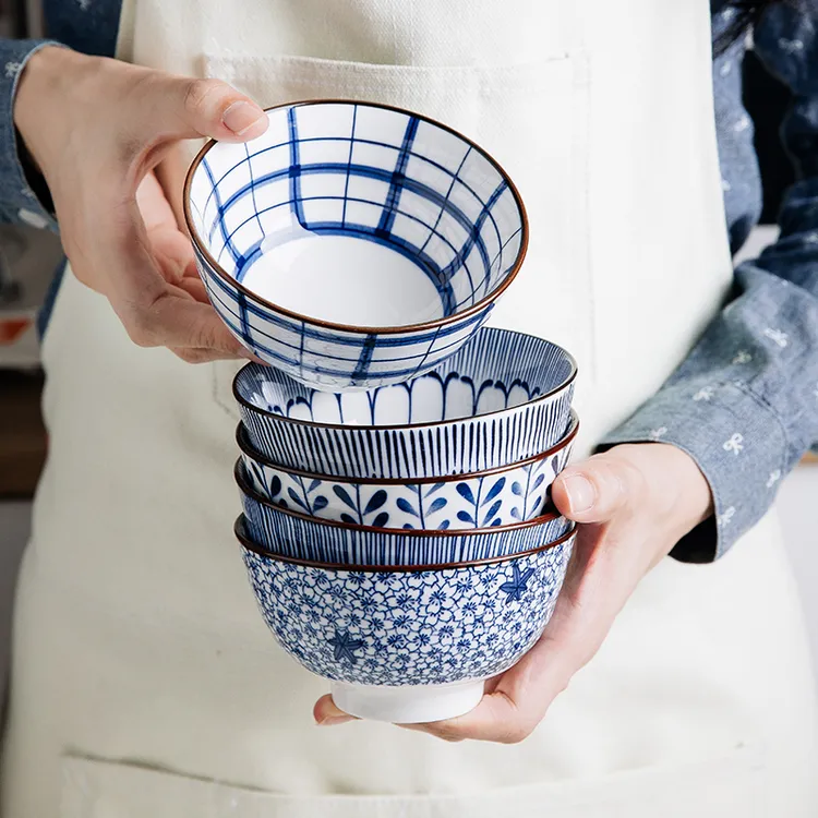 青花瓷釉下彩陶瓷4.5英寸高脚米饭碗小汤碗饭碗个人餐具专用