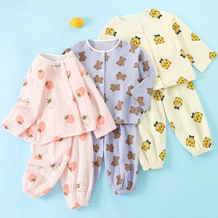 儿童睡衣秋季薄款女童棉纱男童小孩纯棉开衫分体套装空调服家居服