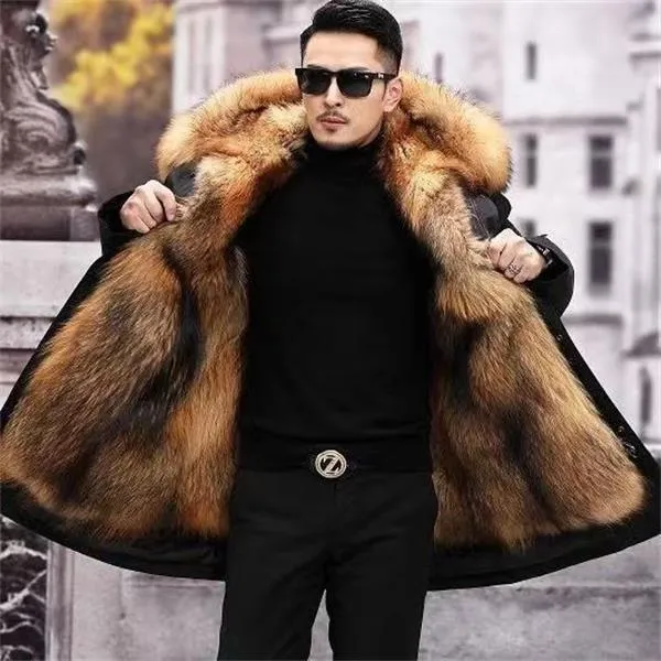 派克服男可拆卸狐狸貉子毛内胆中长款仿皮草皮毛一体加厚冬季外套