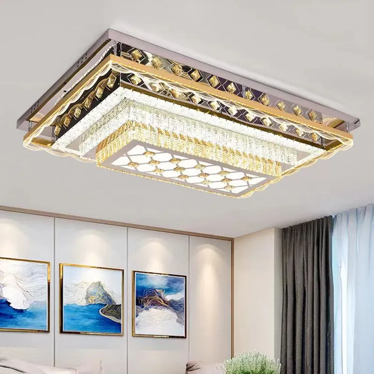 客厅水晶灯简约现代经典款轻奢不锈钢长形家用高端大气LED吸顶灯