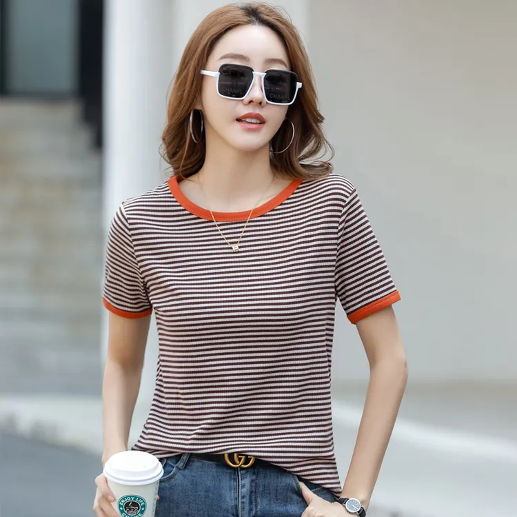 条纹弹力棉宽松显瘦圆领短袖女T恤上衣打底衫女士