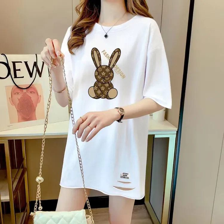 T恤卡通兔子印花中长款遮屁股百搭夏季短袖女装宽松休闲上衣打底T