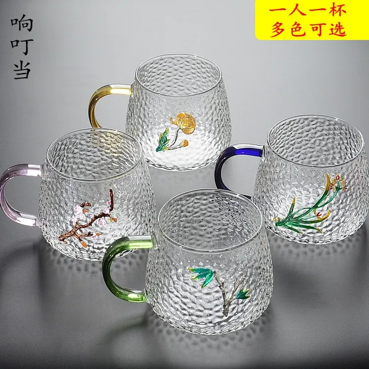 锤纹玻璃杯带手把杯子家用客厅水杯早餐杯女ins泡茶杯日式四色杯