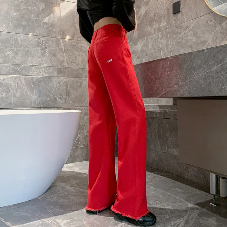 阔腿裤女款爆款2025新款牛仔高腰显瘦休闲裤红色宽松直筒女士裤子