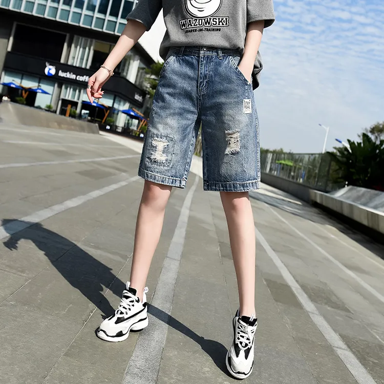 直筒牛仔短裤女2025夏季薄款破洞宽松百搭显瘦新款大腿粗五分裤子