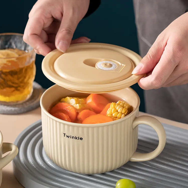 onlycook陶瓷微波炉加热泡面杯带盖子学生面碗宿舍个人饭碗汤碗