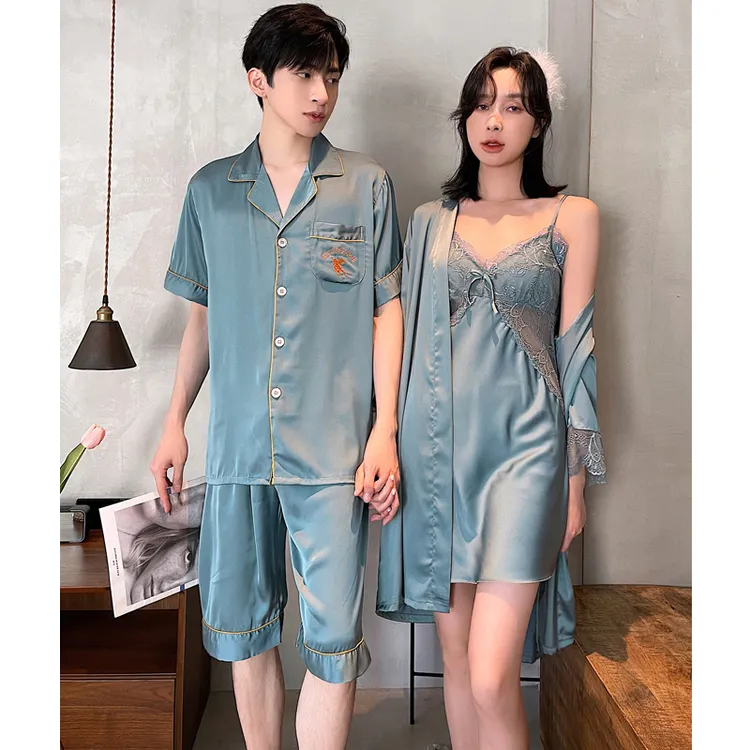 情侣睡衣女夏季冰丝性感蕾丝吊带睡裙睡袍夏短袖男套装家居服薄款