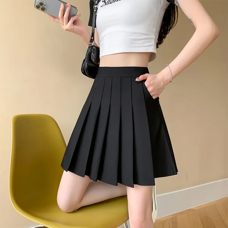 半身裙女秋冬季带口袋百褶裙新款高腰显瘦小个子四季款a字短裙女