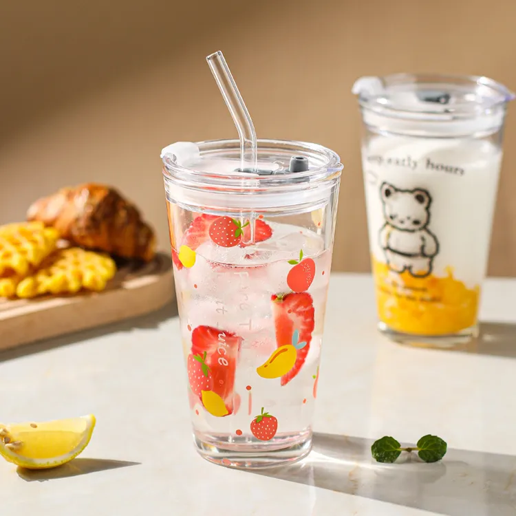 川岛屋玻璃杯吸管杯女办公室水杯ins风家用果汁奶茶牛奶咖啡杯子
