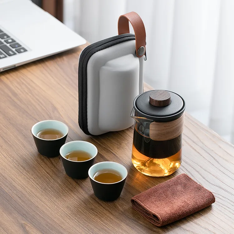 新视觉  玻璃旅行茶具套装一壶三杯快客杯便携户外功夫茶具定制