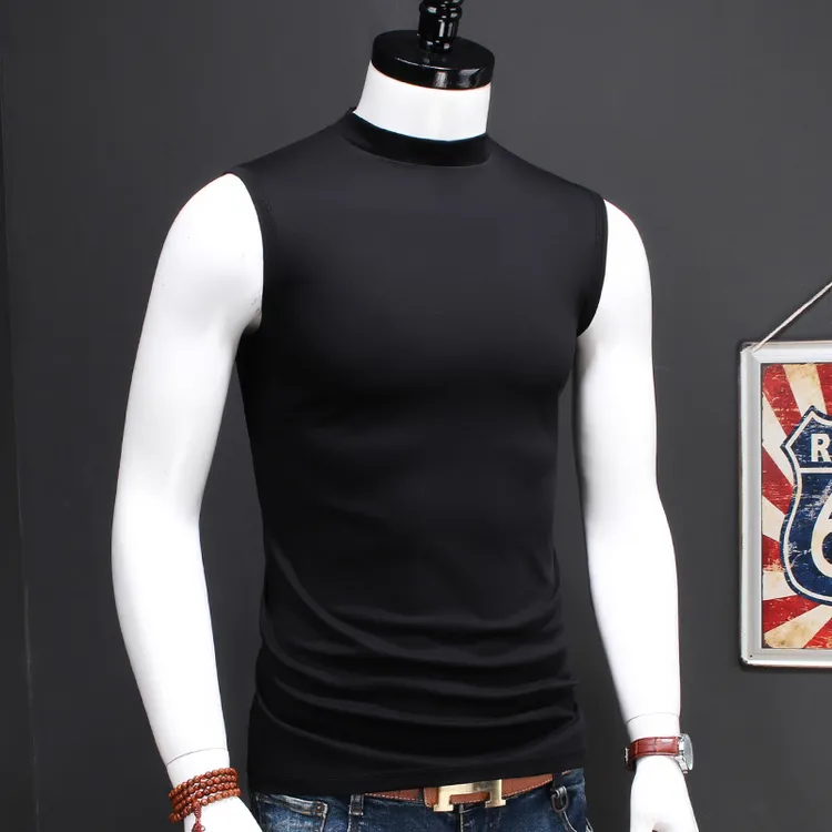 男士双丝光棉打底衫无袖T恤纯棉小高领内搭背心纯色上衣弹力汗衫