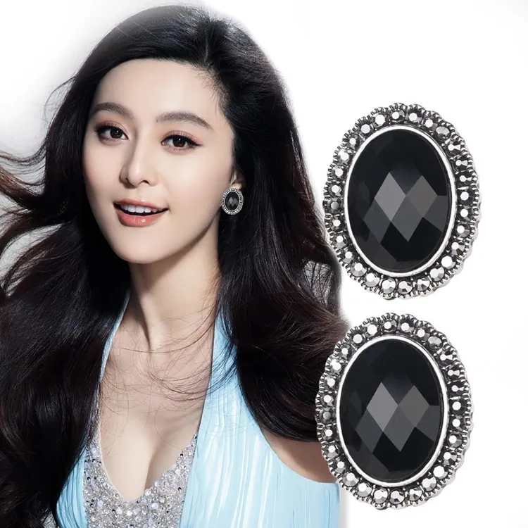 锌合金合成锆石耳饰 欧美复古气质个性夸张宫廷黑色大耳环S耳钉女
