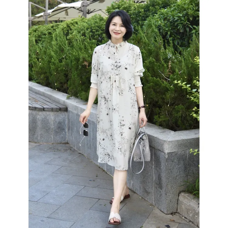Ruien.Co 经典升级 素雅印花6A级100真丝电力纺夏中长款连衣裙