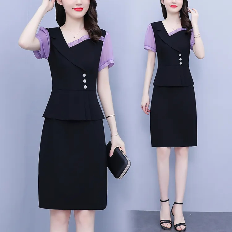 【L-5XL】出街标配优雅拼接2024大码新款胖mm短袖连衣裙子气质洋气