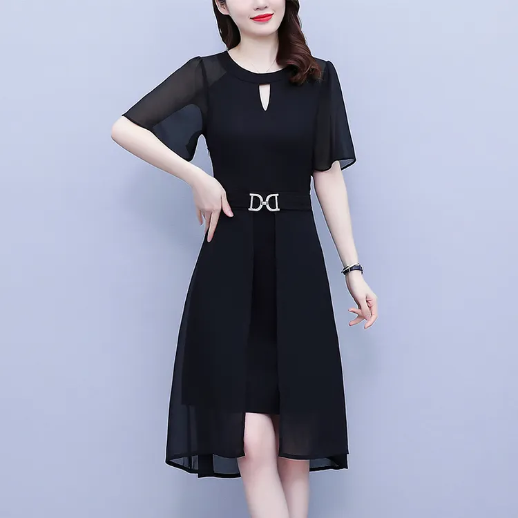 【L-5XL】大码胖mm修身显瘦中长款镂空雪纺短袖遮肉显瘦连衣裙夏