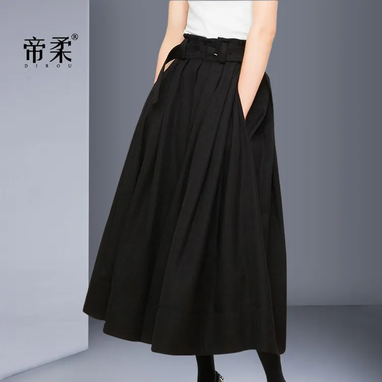 复古赫本风半身裙2025春秋显瘦百搭黑色A字百褶裙大摆裙子中长款