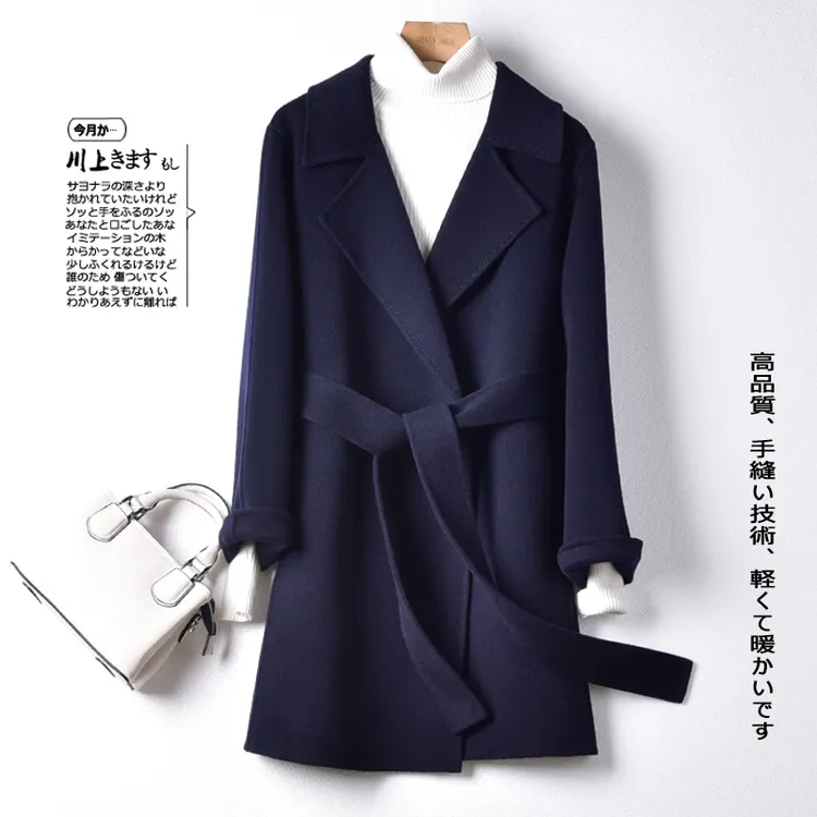 ZAIXI/再曦高档秋冬新款双面绒大衣女短款小个子简约系带毛呢外套