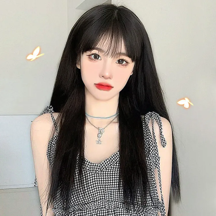 假发女长发自然全头套网红逼真黑长直发空气刘海中长发新式发套