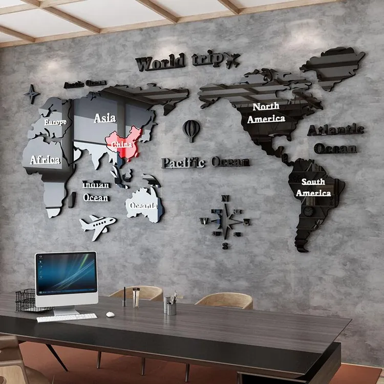世界地图墙贴3d立体亚克力创意办公室墙面装饰纸公司背景企业文化