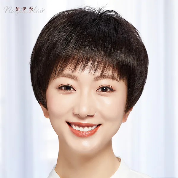 假发短发女直发发型全头套式真发全真人发自然中老年妈妈造型发套