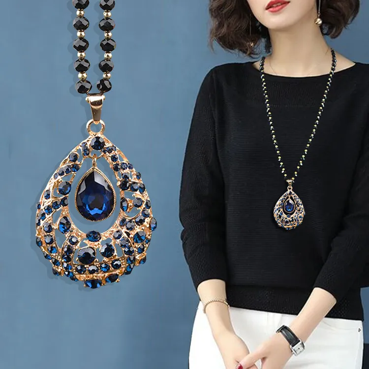 合金玻璃项链 时尚水滴水晶毛衣链长大气百搭配简约挂件吊坠项链