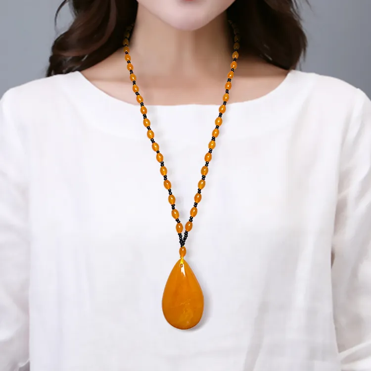 非金属树脂项链 椭圆珠 复古水滴葫芦吊坠毛衣项链百搭时尚挂件