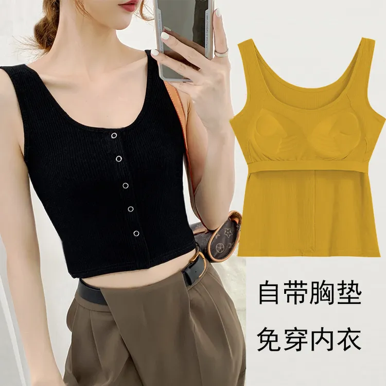 短款罗纹内衣带胸垫一体吊带背心女纯色夏季单件中短款宽肩带背心