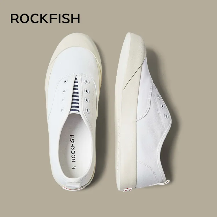 Rockfish英国719不怕湿一脚蹬懒人帆布鞋小白鞋透气白色平底单鞋