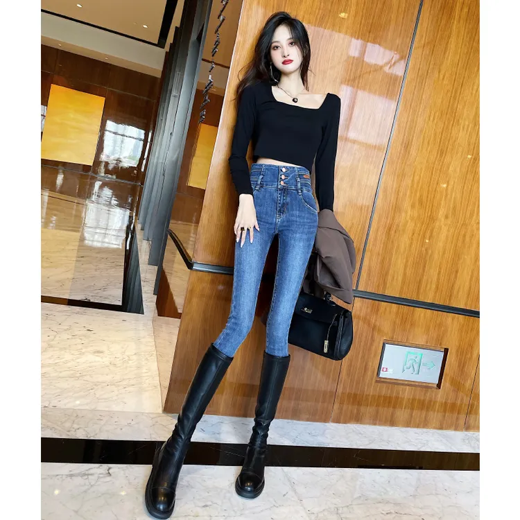 紧身提臀牛仔裤女秋季新款排扣高腰显瘦弹力修身九分小脚女款裤子
