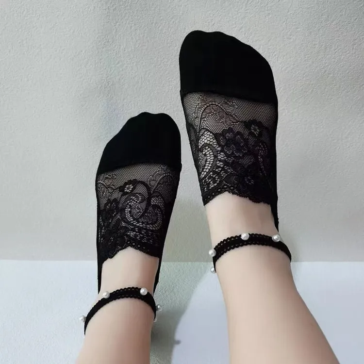 C07春夏新款薄款时尚百搭松紧带蕾丝花边珠珠船袜透气短袜女袜
