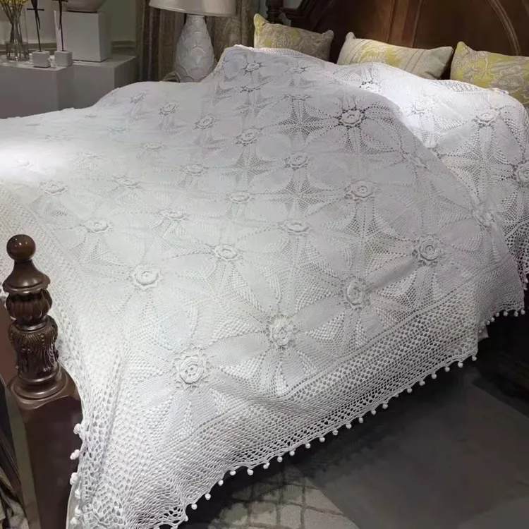【怡然家居馆 】手工钩针床盖手工钩针钩花米色床盖镂空布艺床头盖。