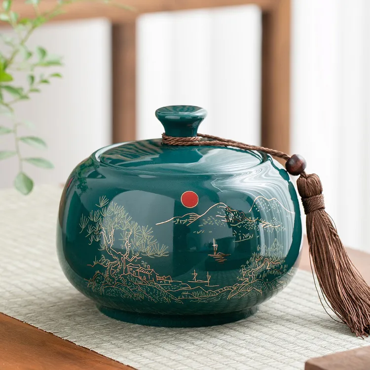 中式茶叶罐大号山水陶瓷储存罐密封罐家用防潮普洱红茶绿茶罐摆件
