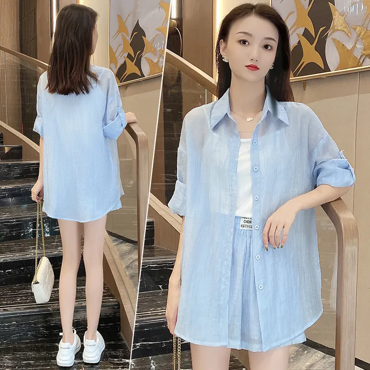 2025新款夏季薄款时尚洋气宽松减龄休闲纯色短裤衬衫显瘦三件套