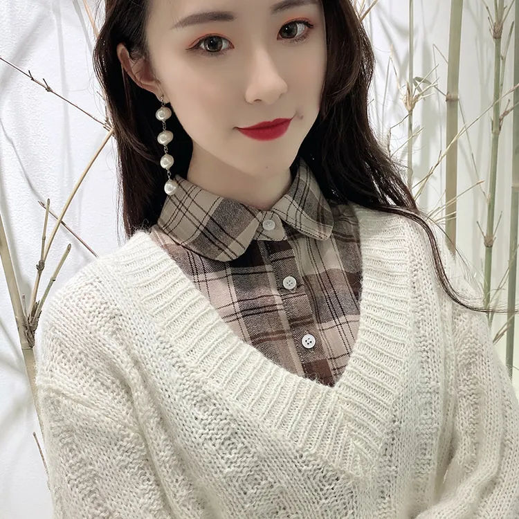 秋冬假领子女百搭假领配毛衣呢子保暖衬衫领格子棉装饰假领